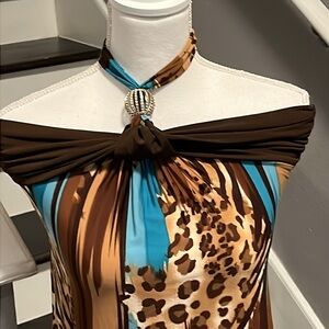 Belle Amie Strapless Brown and Blue Animal Print Top. Accent Ties around neck